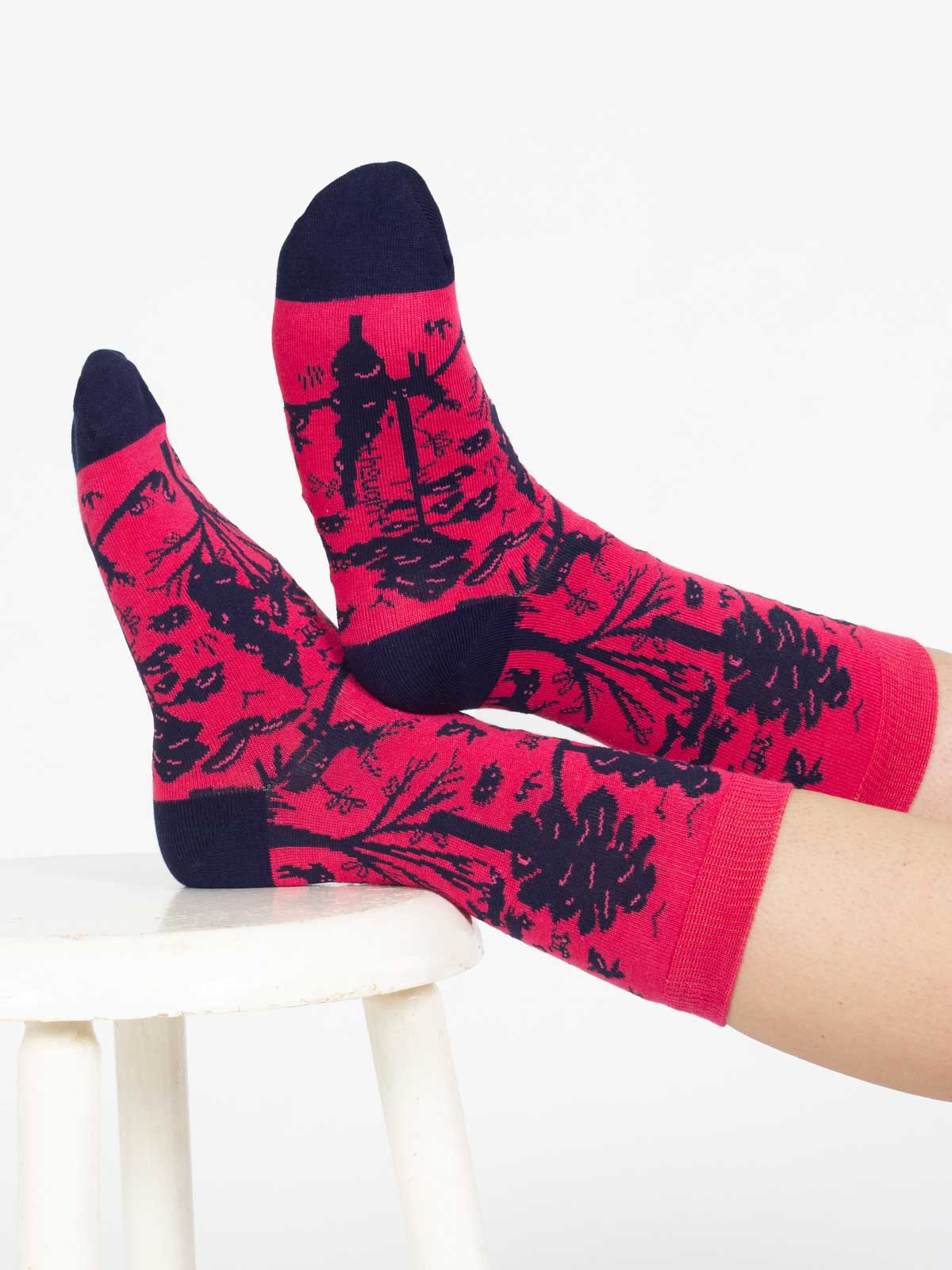Woodland Scene Organic Cotton Crew Socks - Pink Navy